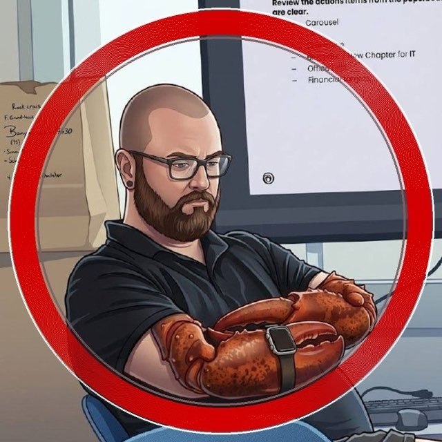 Illustrated portrait of Kevin Clawrk as a bearded man with glasses and lobster claws, seated with his arms crossed